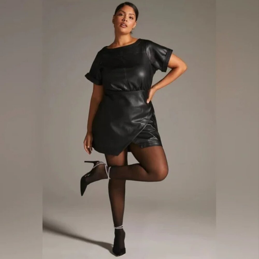 Anthropologie Faux Leather Wrap Mini Dress Size 10
